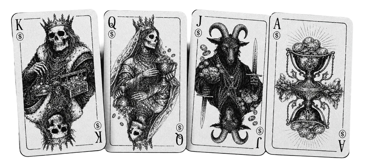 Quattro carte da gioco illustrate: re, regina, fante e asso, tutte con il seme dei soldi.