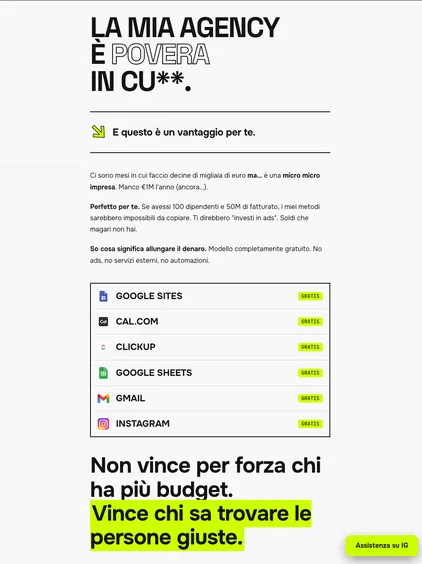 Pagina chiara col titolo «La mia agency è povera…» e un elenco di strumenti gratuiti