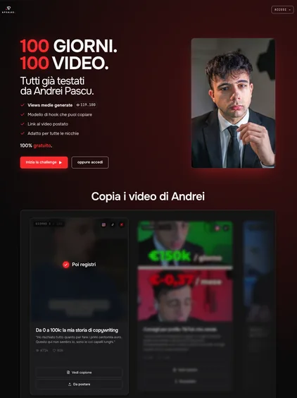 Pagina «100 giorni. 100 video.» su fondo rosso scuro, col ritratto di Andrei Pascu