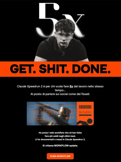 Pagina di vendita di Claude Speedrun 2, con la fascia arancio «Get. Shit. Done.»