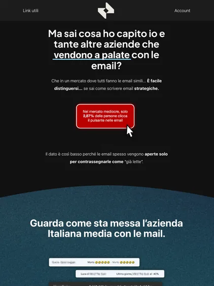 Pagina sulle email che vendono, su fondo scuro con un bottone rosso