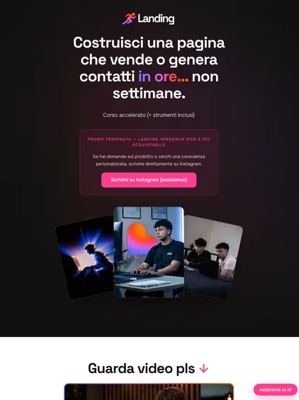 Pagina di vendita di un corso sulle landing, in nero e rosa
