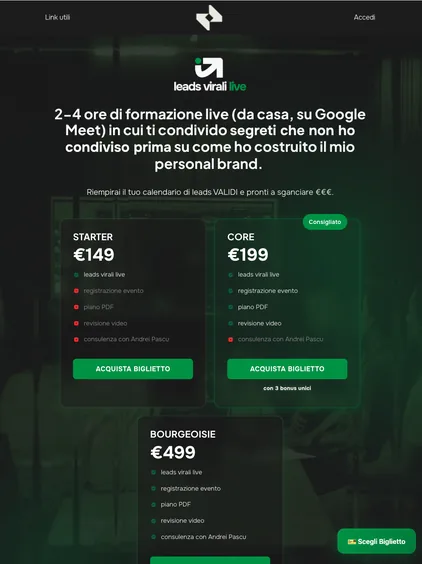 Pagina di «Leads virali», con tre biglietti e i loro prezzi su fondo verde