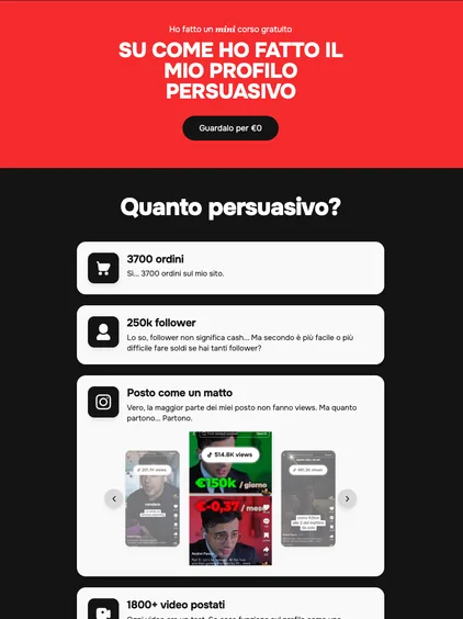 Pagina di un mini corso gratuito sul profilo persuasivo, rossa in cima