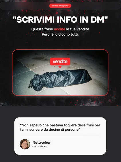 Pagina col titolo «Scrivimi info in DM» e una foto cupa incorniciata di rosso