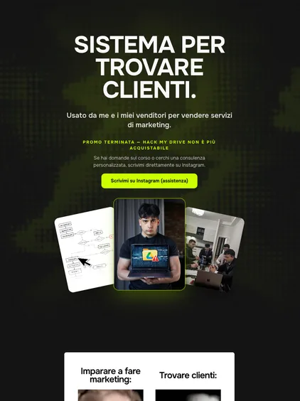 Pagina di vendita di un sistema per vendere servizi di marketing, su fondo verde scuro