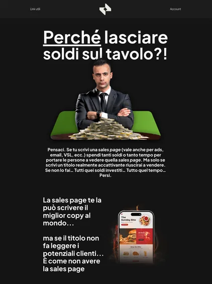 Pagina col titolo «Perché lasciare soldi sul tavolo?!» e un uomo dietro una pila di banconote