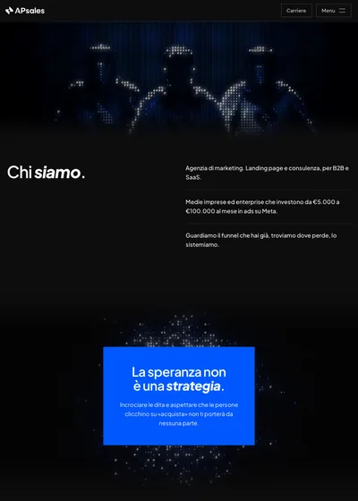 Pagina «Chi siamo» di AP Sales, su fondo scuro