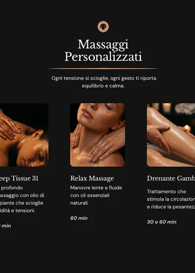 Pagina di un centro massaggi, sezione trattamenti su fondo scuro