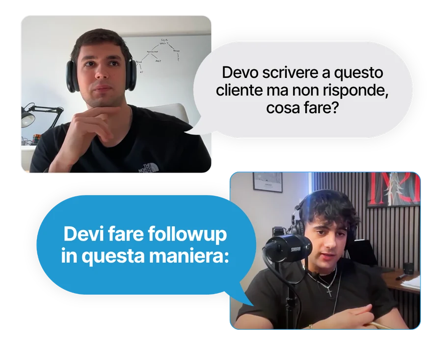 Una videochiamata: uno studente chiede «Devo scrivere a questo cliente ma non risponde, cosa fare?» e Andrei risponde «Devi fare followup in questa maniera:».